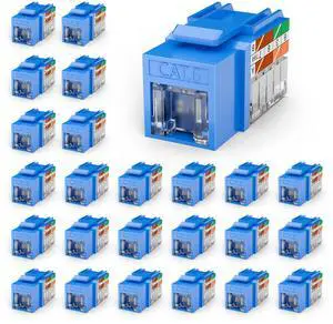VCELINK RJ45 Cat6 Keystone Jacks with Dust Cover, Dust-Proof Keystone Jacks, Slim Profile 25-Pack, 90-Degree Punch Down Ethernet Modular Jacks, UTP Keystone Jack Adapter, Blue