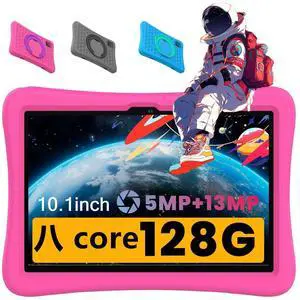 YUONEOO Children's Tablet, Kids Android Children's Tablet 10 inch Eight core with Protective case, 128GB Expandable Suitable for Young Children, Parental Control, Dual Cameras 5M+13M, WiFi, Gifts(Red)