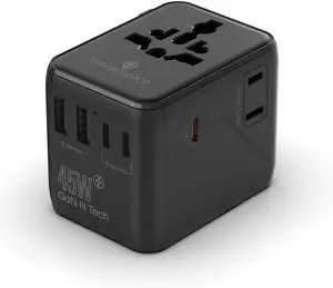 TRAVEL DEPOT 7 in 1 Travel Adapter Worldwide w/GaN 45W, 2 USB-A (15W), 3 USB-C (45W), 2 AC Outlets, Safety Certified International Plug Adapter for Universal Laptop, Phone, Camera for US, EU, UK, AU