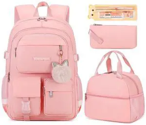 VIRTUREVI 3PCS School Backpack For Student Women College Middle High Teen Girls Bookbag Waterproof Laptop Bag Pink