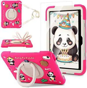 for iPad (A16) 11th Generation Case Kids, iPad 10th Generation with Screen Protector, Rugged Protective Cartoon 3D Panda Warrior Cover with Rotating Stand/Strap/Pen Slot for Kids Teens (Rose+White)