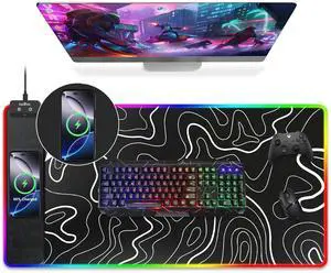 Wireless Charging Mouse Pad, RGB Gaming Mousepad, Large Desk Mat with Ultra-Smooth Surface, Non-Slip, Waterproof Computer Keyboard Pad for Gaming, Desk, Office, PC, 800x400x4MM, Black Topographic Line