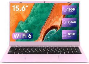 INHONLAP Pink Laptop, N150 Processor, Up to 3.6 GHz, 12GB RAM 512B SSD, 15.6 Inch FHD IPS Display Laptop Computer, WiFi 6, BT 5.2, Webcam, USB-C, Long Lasting Battery