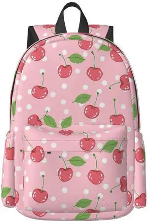 KiuLoam 17 Inch Large Capacity Backpack Cute Pink Sweet Cherry Dots Laptop Backpack Shoulder Bag School Bookbag Casual Daypack For Teen Girls