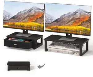 WOHOMO Dual Monitor Stand Riser with Drawers, Desk Organizers for 2 Monitors, Desktop Storage Stand for Computer,Laptop,Black