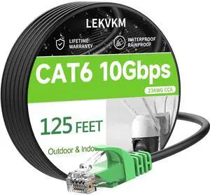 LEKVKM Cat 6 Ethernet Cable 125 ft High Speed 23AWG RJ45 Internet Cable for Outdoor & Indoor Support CAT6 Network Solid Black Computer LAN for PC125FEET Green Head