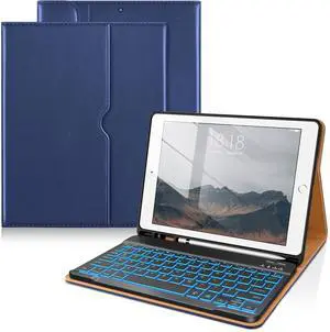 DTTO for iPad 9th/8th/7th Generation 10.2" Case 2021/2020/2019 with Keyboard, 7 Colors Backlit Wireless Detachable Keyboard Premium Leather Folio Cover with Pencil Holder & Pocket, Navy Blue