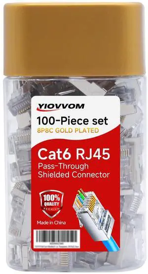 YIOVVOM Cat 6 Shielded Pass Through RJ45 8P8C Connectors (Cat6 Connector / RJ45 Modular Plugs/Cat 6 Ends/Ethernet Plugs) UTP Network Connector for Solid Wire and Standard Cable, Transparent, 100 Pack