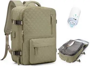 Travel Vacuum Storage Backpack with Air Pump Vacuum Seal Compression Space Saver Bags Clothing Vacpack 18x14x8 inches Travel Bag Carry on Personal item Laptop Work Backpacks Women Men Khaki