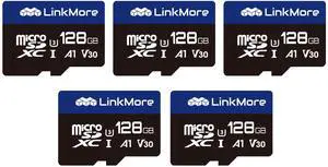LinkMore 128GB (5 Pack) Micro SDXC Card (2 Pack), A1, UHS-I, U3, V30, Class 10 Compatible, Read Speed Up to 95 MB/s, Write Speed Up to 45 MB/s, SD Adapter Included