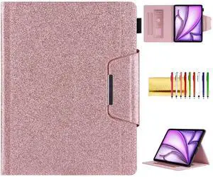 Glitter Case for iPad Pro 12.9" 3rd/4th/5th/6th Gen & iPad Air 13" M2/M3, Techcircle Folio Stand Smooth Soft TPU Back Smart Cover with Pencil Holder & Card Pocket, Auto Sleep/Wake, Shiny Pink