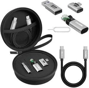 USB Travel Adapter 6-in-1, for Internet/Data/Charging/Video, Includes: USB-C to RJ45 Adapter, Type-C 3.1 Cable, USB to USB-C Connector, USB4 Right Angle Converter, SIM Card Ejector Tool, Storage Box
