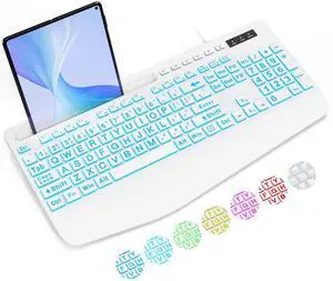 SABLUTE Large Print Backlit Computer Keyboards, Wired Lighted USB Keyboards with 7-Color Backlit, Wrist Rest, Phone Holder, Easy to Read and Type for Laptop, PC, Windows, Desktop (White)