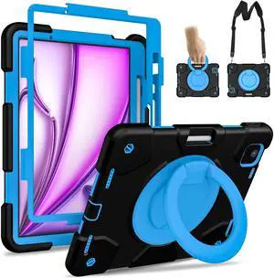 Andnary Case for iPad Air 11 inch Case M3/M2 (2025/2024) 6th Generation, Heavy Duty Protective with Pencil Holder, Stand, Hand Strap, Shoulder Strap, Black+Blue