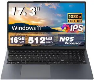 17 inch Laptop Computers,12th Generation Processor N95 4C 4T(Up to 3.4Ghz),16GB DDR4 RAM 512GB SSD,1920*1080,10000mAh Large Battery,Type-C(Date), WiFi5,BT,RJ45,Dual Stereo Speakers, Backlit Keyboard