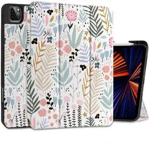DONGKE Case for 2022/2021/2020/2018 iPad Pro 11 inch Gen 4/3/2/1 - Slim Protective Case - Built in Pencil Holder Support Charging - Trifold Stand & Sleep/Wake Cover - Tiny Flowers