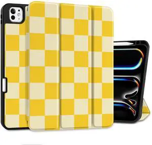 MEEgoodo Case for M5 iPad Pro 11 inch 2025/M4 iPad Pro 11 inch Case 2024, Tablet Cover with Trifold Stand & Pencil Holder & Auto Wake/Sleep & Soft TPU Back Cover, Yellow Squares