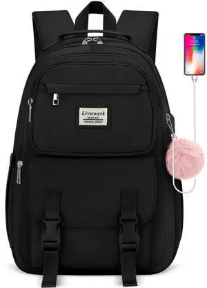 FIUAIE Backpack for School Teen Girls Bookbag: 15.6 Inch College Students Backpacks with Charger Middle High School BookBags Durable Travel Laptop BackPack for Women Casual Daypack Black