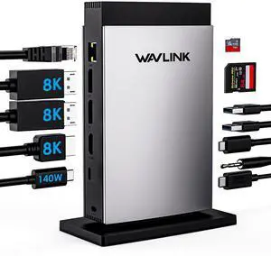 WAVLINK Laptop Docking Station 3 Monitors(Max Resolution: Single 8K or Triple 4K), 11-in-1 USB C Docking Station with 125W PD3.1 Pass-Through, HDMI + 2*DP, for MacBook M1/M2/M3/M4 & Windows, SD/TF
