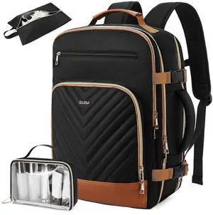 Telena Travel Backpack for Women, 17.3 inch Laptop TSA Carry On Personal Item Size Flight Approved Travel Bag Daypack with Multi-Pockets for Work, Travel, Business, Black-Brown