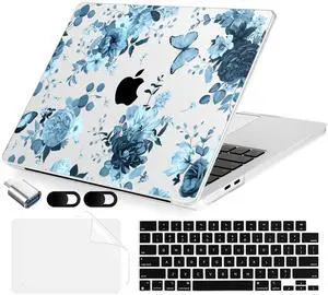 MecBevia Compatible with MacBook Air 15 inch Case, M4 A3241/M3 A3114/M2 A2941 (Released 2025 to 2023), Hard Shell, Keyboard Cover, Screen Protector, Webcam Cover & Type-C Adapter, Blue Flowers
