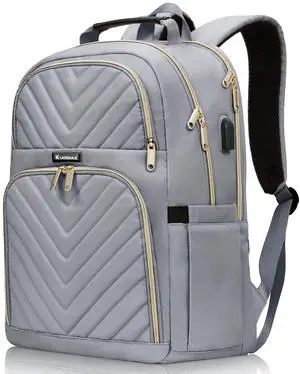 Kuosdaz Laptop Backpack, School Backpack for Teen Girls, 15.6 Inch Quilted Work Backpack Purse with USB Charging Port, Large Anti-theft Bookbag for Students, Casual Daypacks for Women,Grey