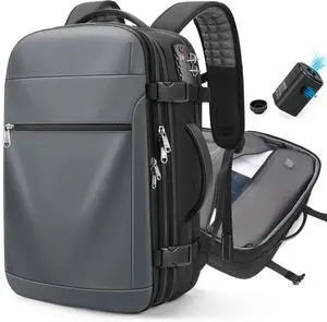 Vacuum Backpack Travel  Expandable Compression Carry On Backpack with Vacuum Pump, Water-Resistant TSA Lock Travel Bag, 17" Laptop Backpack for Men Women, Business Airplane Flight Luggage, Grey