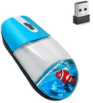 Wireless Mouse Cute Blue Aqua Water Mice Aesthetic Clear Silent Optical Portable Lightweight Retro Mice for PC Laptop Computer Macbook Kids Girl Women Gift with Liquid Water & Floater Clownfish