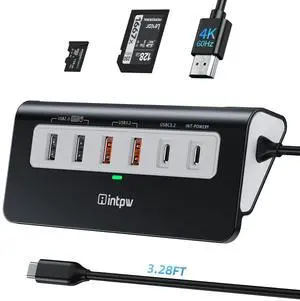 intpw USB C Hub 10Gbps, 9-in-1 USB C Docking station 3.28FT with 4K@60Hz HDMI, Type-C & 2 Type-A 3.2, 2 USB-A 2.0, PD 100W, SD/TF Port, Black Aluminum USB Hub for Laptop, iPhone 16/15, MacBook Air/Pro