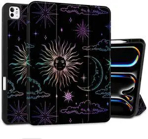 DONGKE Case for iPad Pro 13 inch (M5 2025 / M4 2024)  [Built-in Pencil Holder] Ultra Slim PU Leather Trifold Stand Cover with Soft TPU Back, Auto Wake/Sleep - Sun & Moon