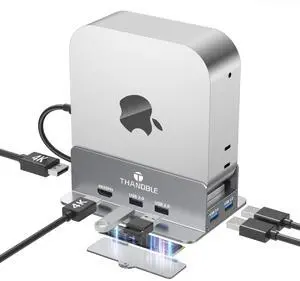 THANDBLE Mac mini M4 Dock & Stand with 4K60Hz HDMI and DisplayPort, M.2 NVMe SSD Enclosure, 4 USB-A Ports, SD/TF Card Reader 9 in 1 Hub for Mac mini M4/M4 Pro - Silver