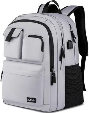 ZUBOND Backpack for Men & Women, Backpacks for School Teen Boys & Girl, Student Bookbag 15.6 inch Laptop Compartment with USB Charging Port for High Middle School, Grey Travel Casual Bag