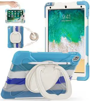 BATYUE 10.5 inch Case for ipad Air 3rd Generation 2019 / ipad pro 10.5 2017; Rugged Heavy Duty Protective Cover with Pencil Holder, 360° Swivel Stand, Shoulder Strap; for Kids (Colourful Blue)