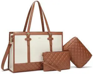 Keyli 3pcs Laptop Bag for Women,15.6 Inch Canvas+Leather Laptop Tote Bag Work Bags Large Capacity Business Computer Briefcase Casual College Shoulder Handbag Crossbody Purse for Travel Teacher Khaki