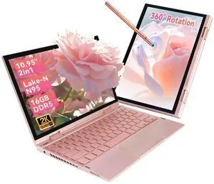 BINTEC 10.95" 2K Touchscreen Convertible Laptop, in tel N95, 16GB DDR5 512GB SSD, 2-in-1 Laptop with Fingerprint Reader, Backlit Keyboard, Stylus Pen Great for Work and Study