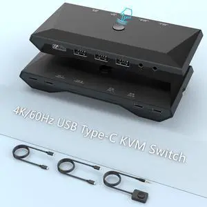 2-Port USB Type-C KVM Switch, 4K 60Hz HDMI KVM Switch 2 in 1 Out Dual USB C KVM Switch 2 Computers with HDMI, 60W PD, 3X USB 2.0, Remote Control, 3.5mm Audio/Mic for MacBook, iPad Pro, USB-C PC