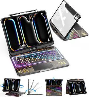 SIBEITU Keyboard Case for iPad Pro 11 Inch M5 2025 /M4 2024, Clear Wireless 360 Rotatable iPad Pro11 Cover, Multi-Touch Trackpad & Visible PCB High-Tech Design, 7-Color Backlight & 3-Brightness, Black