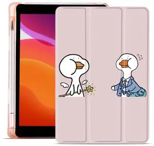 MAYCARI Cartoon Duck Case for iPad 9.7 inch 2017/2018 with Pencil Holder, Cute iPad 5th/6th Generation Protective Case with Soft TPU Back, Auto Sleep/Wake Cover Slim Shell for Girls Women