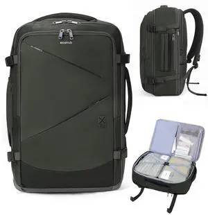 ECOHUB 30L Carry on Travel Backpack for Men Women 18x14x8, 17 inch Expandable Airlines Personal Item Bag Water Resistant Laptop Backpack Flight Approved with USB Slot & Wet Pocket, Green