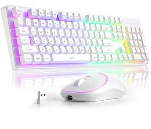 MageGee V550 Wireless Gaming Keyboard and Mouse, 2.4G Full-Sized RGB LED Computer Keyboards with Transparent Shell, Rechargeable Quiet Cordless Mouse & Keyboard Combo for Laptop/PC/Desktop (White)
