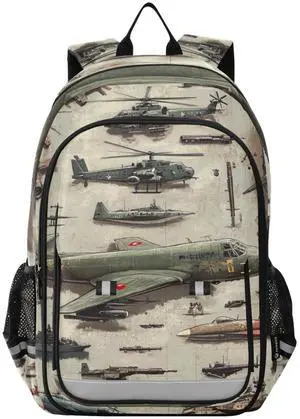 Glaphy Green Camo Planes Helicopters Tanks Backpack Lightweight Bookbag Laptop Backpack College School Bag for Teen Boys and Girls with Reflective Stripes