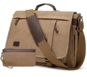 17.3 Inch Messenger Bag for Men: 2PCS Laptop Work PU Leather Canvas Briefcase Carry On Large Computer for Office College Travel (Brown)