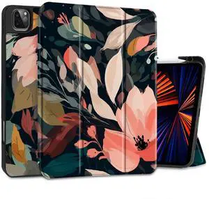 DONGKE Case for 2022/2021/2020/2018 iPad Pro 11 inch Gen 4/3/2/1 - Slim Protective Case - Built in Pencil Holder Support Charging - Trifold Stand & Sleep/Wake Cover - Painted Florals