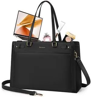 RAINSMORE Laptop Bag for Women 15.6 Inch PU Vegan Leather Work Tote Bag Waterproof Womens Briefcase Designer Computer Bags for Office Teacher College Travel Large Tote Purse Professional Black