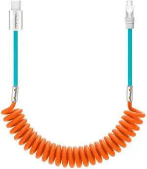 chubbycable Curly Chubby 120W Coiled USB C Cable Retractable Fast Charging Cable for Car Charger Cord Compatible with iPhone 17-15 Series, Orange+Light Blue, USB-A to Type-C, 2.29FT-3.6FT