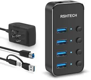 RSHTECH 4 Port Powered USB 3.0/USB C Hub Upgraded Version with 2-in-1 3.3ft USB Cable,5V Power Adapter and Individual Switches, Portable Aluminum USB Splitter for Laptop and PC, RSH-ST04