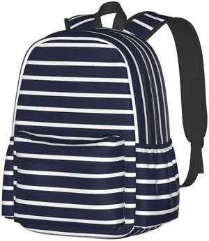 KOSUES Classic Navy Blue And White Stripes Horizontal Striped Laptop Backpacks Double Shoulder Laptop Pack Bag Casual Back Pack Lightweight Daypack Bags With Side Pockets For Business Travel Hiking