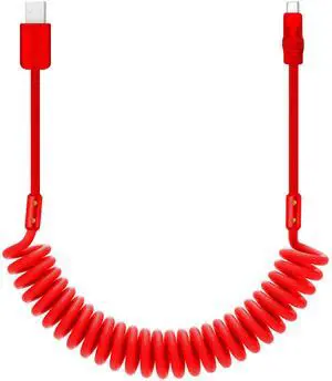chubbycable Curly Chubby 120W Coiled USB C Cable Retractable Fast Charging Cable for Car Charger Cord Compatible with iPhone 17-15 Series, Red, USB-A to Type-C, 2.29FT-3.6FT