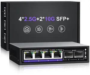 6 Port 2.5G Unmanaged Ethernet Switch, 4 x 2.5G Base-T Ports, 2 x 10G SFP+, Compatible with 100/1000/2500Mbps, Metal Fanless, Desktop/Wall Mount NICGIGA 2.5Gbe Network Switch for Wireless AP, NAS, PC