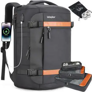 Velaybor 42L Travel Backpack with 4 Packing Cubes, TSA Friendly Flight Approved Carry-On Bag with USB Charging Port, Water-Resistant Weekender Business Backpack for Men Women, Fits 17.3" Laptop(Black)